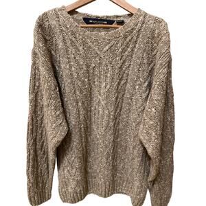 New River Vintage Y2K 90s 80s Cable Knit Tan Linen Crewneck Sweater Size Medium